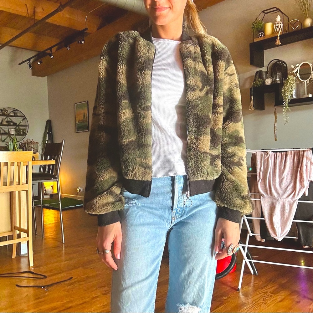 Wild Fable Plush Camouflage Bomber Jacket